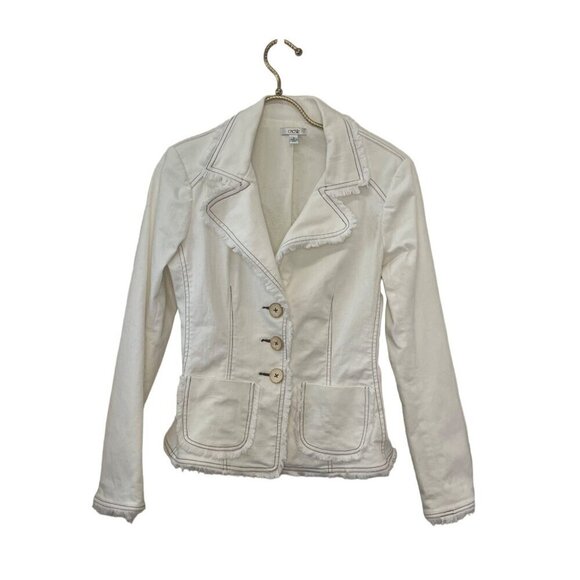 Cache Blazer Jacket Off White Frayed Denim Size 2 Career Going Out long Sleeve - Picture 1 of 9